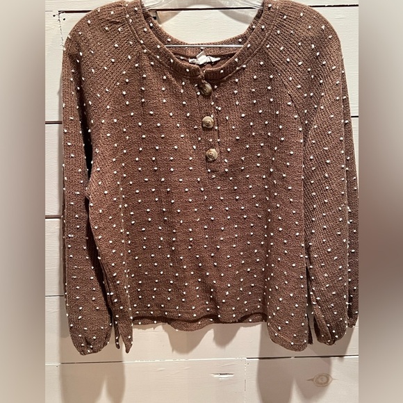 Blu Pepper Brown Knit sweater Top, polka dots, size large, buttons, casual - Picture 1 of 10